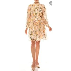 Donna Morgan Orange Floral Print EMMA Dress NWT Sz 6 MSRP $118, Drop Skirt Vneck